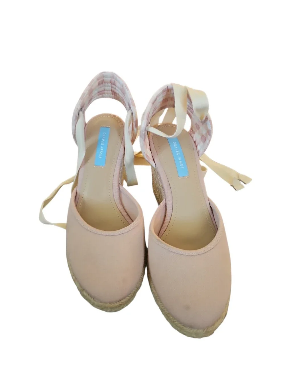 Draper James Olivia Espadrille Wedges Pink Cream Gingham Ankle Tie Heels Sz 7